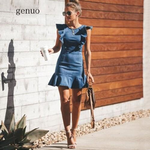 Unique Denim Dress Summer Sundress Backless Mini Jeans Dress Falbala Fashion Casual Women Clothes Blue New S XL