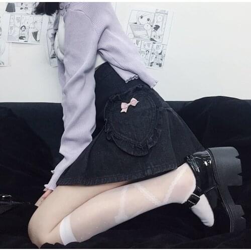 Gothic Black Skirt Girls Japanese Bow Love Pocket Sexy Women Denim Skirts Harajuku Punk Streetwear High Waist Mini A-line Skirt