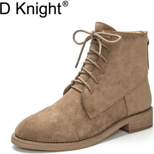 Ladies Casual Lace Up Back Zipper Flat Ankle Boots New Vintage Round Toe Flock Motorcycle Boots Women Spring Autumn Casual Boots