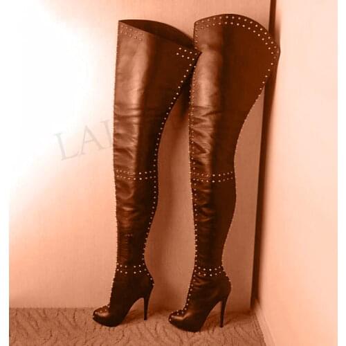 LAIGZEM SUPER Women Thigh High Boots Side Zip Stiletto Heels Platform Party Boots Rivets Over Knee Shoes Botine Large Size 50 52
