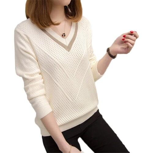 Women Sweaters and Pullovers 2019 Spring Autumn New Korean Hollow Casual Sweaters Loose Knitted Sweater Female V-neck Tops M56