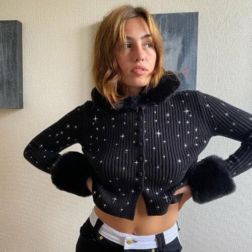 Fur Sleeves Knitted Tops for Women 2021 New Little Stars Embroidery Hooded Fur Collar Female Woolen Short T-Shirts Streetwear