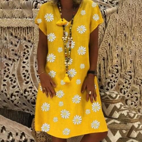 Plus Size s-5xl Casual Women V Neck Short Sleeve Marguerite Print Pockets Loose Knee-length Dress vestidos Fashion Clothing