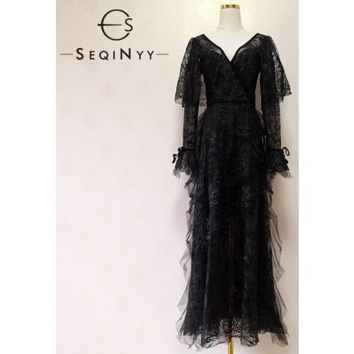 SEQINYY Party Sexy Dress 2020 Early Spring Autumn New Fashion Design Women Long Sleeve Ruffles Mesh Flower Embroidery Long Dress