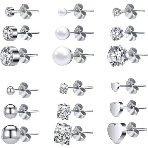 ZS 16p/18p/Lot 20G Chic Crystal Stud Earrings For Women Heart Ball Stainless Steel Ear Studs Set for Girl Pearl Earrings Jewerly
