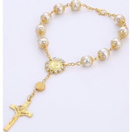 10MM Glass Pearl Torus Bracelet Womens Unisex Vintage Exquisite Anniversary Cross Jesus Catholic Rosary Beaded Bracelet Gifts