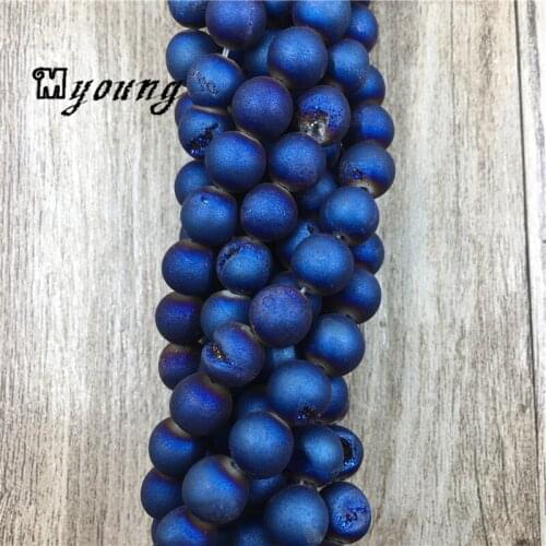 15.5"Strand Blue Titanium Natural Stone Agates Druzy Geode Beads,Matte Round Loose Beads 8mm 10mm 12mm 14mmMY0084