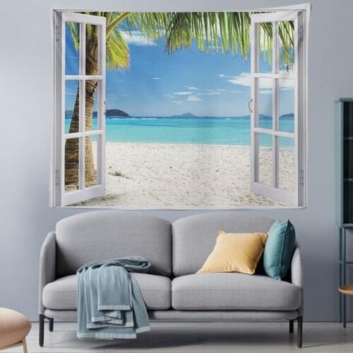 3D Window Decorative Wall Decal Sticker Tapestry Wall Hanging Tropical Tree Tapestries Art Home Decoration Sea Sunrise Home Dorm