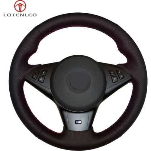 LQTENLEO Black PU Artificial Leather Steering Wheel Cover for BMW M5 E60 E61 (Touring) 2005-2010 M6 E63 (Coupe) E64 2005-2010