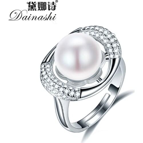 Dainashi Fashion 925 Sterling Silver Oval Zircon Crystal Adjustable Ring Party Gift 100% Genuine Freshwater Cultured Pearl Ring