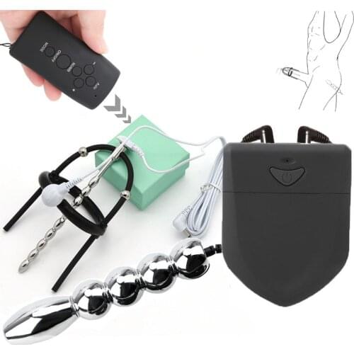 Electro Shock Pulse Metal Bead Anal Plug Electric Stimulate Urethral Catheter Penis Ring SM Sex Toy Kit For Male Gay Masturbator