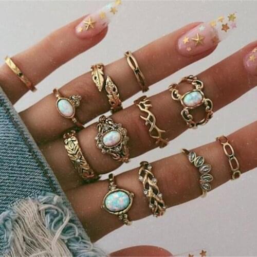 12 Pcs/set Boho Vintage Crown Feather Crystal Rings Set for Women Geometric Kunckle Ring Wedding Jewelry Accessories Gifts
