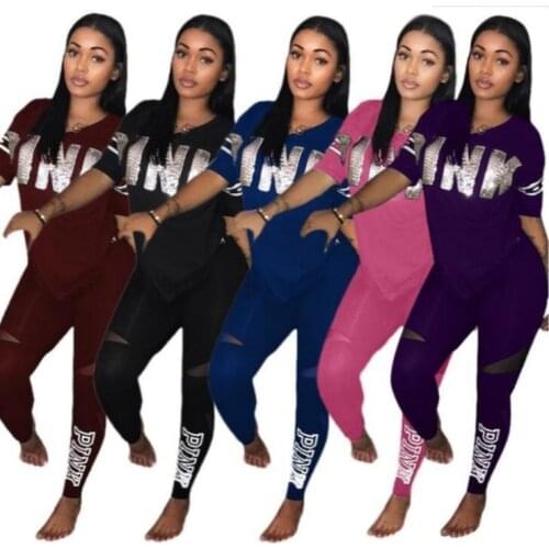2 Piece Sets Womens Outfits 2021 Summer Loose Letter Printing Short Sleeve T-shirt Tops V Neck Casual Pant Suits Sportswear