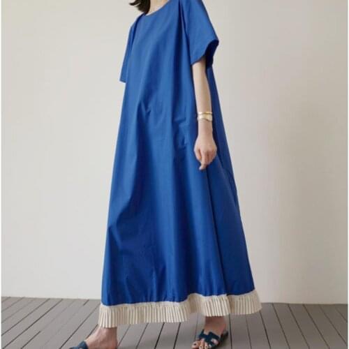 Korea Spring and Summer 2021 New Sweet Contrast Pleated Lace Long Maxi Dress Loose A-Line Blue Dress Z825