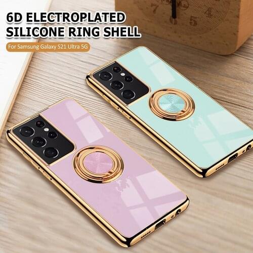 Magnetic Plating Phone Case For Samsung S21 Ultra S20 Plus A52 A72 A32 A42 Note 20 Ultra With Finger Ring Holder Soft Back Cover