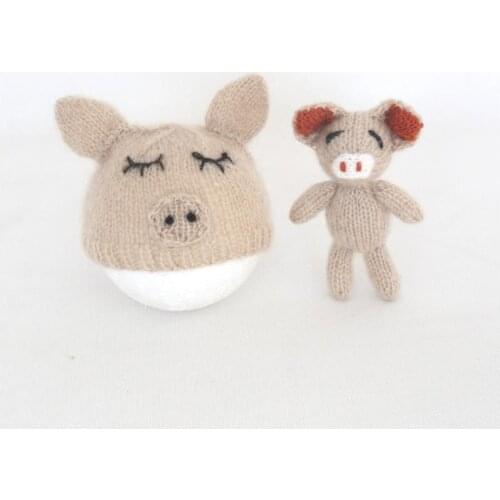 Cute Baby Photography Hat and Toy Set Crochet Toy Newborn Mohair Newborn Hat Infant Cap Knitted Pig Baby Photo Props