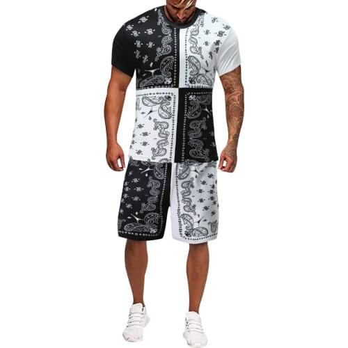 62# Mens Clothes Summer Fashion Casual Color Matching Printed Short Sleeve Shorts Set Streetwear Male Tops Shirts Sports Suits