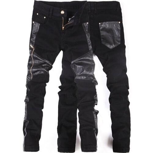 Men Leather Pants New Korean Slim Patchwork Casual Leather Pants Personalized Zipper Skinny Motorcycle PU Leather Trousers Pant