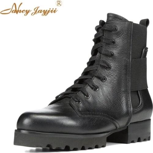 Winter Women Adult Lady Boots Cross-tied Black Solid Ankle Round Toe Med Square heels Mature Concise Fashion Nancyjayjii 2019