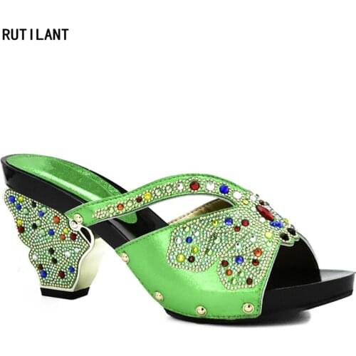 Latest Green Women Slipper Elegant African Women Pumps Shoe for Party High Quality Italian Women Party Shoe Decorated with Stone