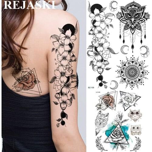 REJASKI Pendants Flower Lily Temporary Tattoos For Women Sticker Owl Mandala Black Henna Tatoos Art Chest Sexy Custom Tattoo
