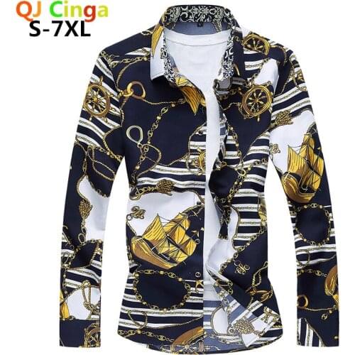 QJ CINGA 6XL 7XL Shirt Men New Fashion Personality Print Long Sleeve Shirts Mens Casual Plus Size Flower Beach Hawaiian Chemise
