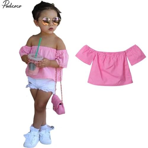 Baby Kids Girls Off Shoulder Short Sleeve Shirt Toddler Blouse Tops 2017 New Summer Pink Solid Casual 1-6Y