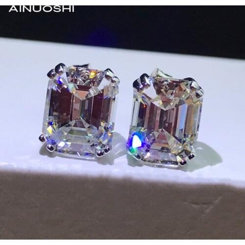 AINUOSHI Classic 925 Sterling Silver 8x10mm Emerald Cut Simulated SONA Diamond Four Claws Stud Earrings For Women Earrings