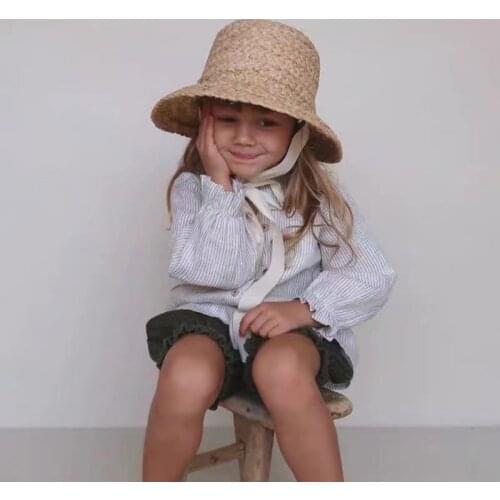 Hand-made raffia straw retro flat top fold down brim childrens straw hat boys girls travel sun protection vacation straw hat