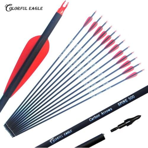 28/30/31 Inch Spine 500 Archery Carbon Arrow with Replaceable Arrowhead and Red Black Feather for Recurve/Compound Bows Hunting