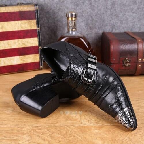 Mens pointed toe dress shoes black white red color crocodile skin men leather shoes iron toe formal wedding shoes spiked loafers