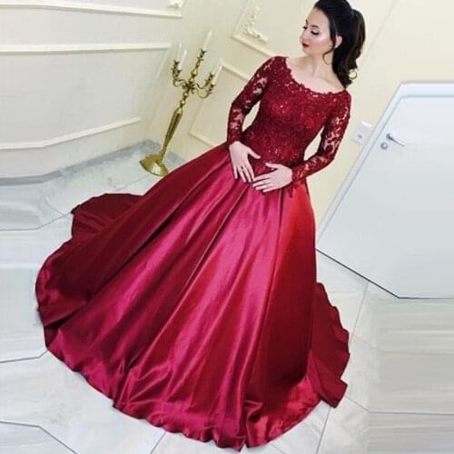 Long Sleeves Evening Party Gowns Abendkleider Sexy Scoop Neck Satin Floor-Length Formal Prom Quinceanera Dresses HOT