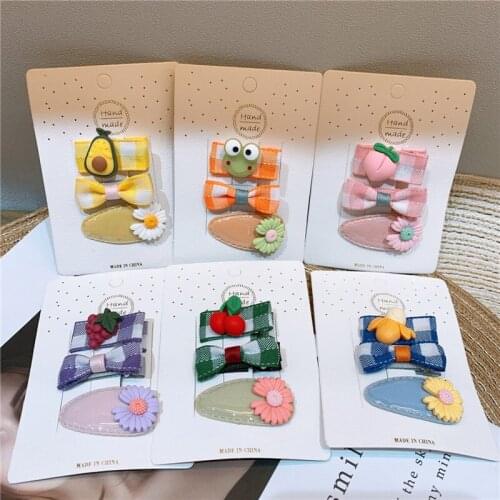 3 Pcs Children Simple Cute Animal Fruit Daisy Plaid Fabric Bow Duckbill Clip Fashion Sweet Girl Baby Flower Hair Accessories