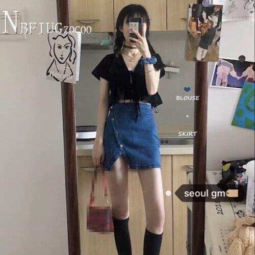 2020 Korean Chic Ruffles Short Women Blouse And High Waist Irregular Skirt Female Sets