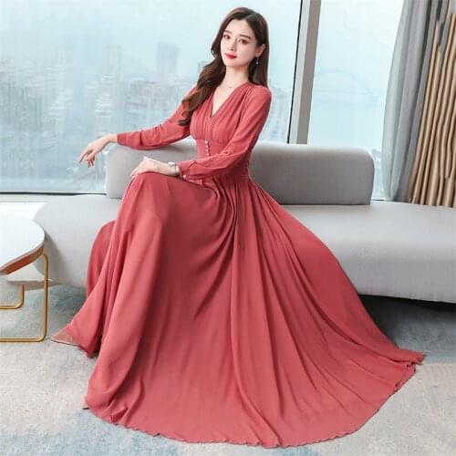 Spring Vintage Chiffon Long Maxi Dress Women A-Line Boho Dress Plus Size V Neck Long Sleeve Big Swing Party Dress Elegant A983