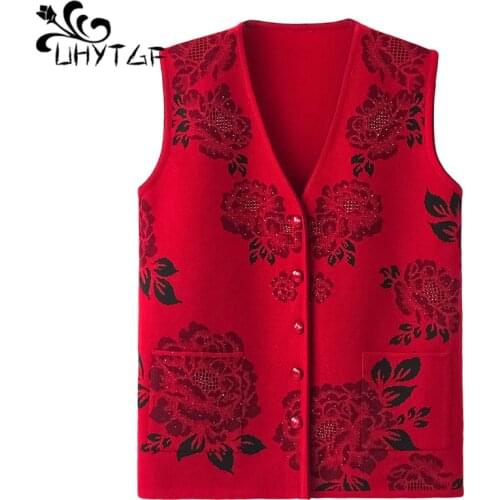 UHYTGF Women vest Fashion flower beaded knitted spring autumn vest waistcoat casual warm womens sleeveless jacket plus size 737