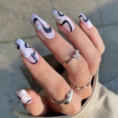 24Pcs/Set French Contracted Artistic Line Drip Shaped Short Wearable False Nails With Glue Manicure Art Tools Fake Nails