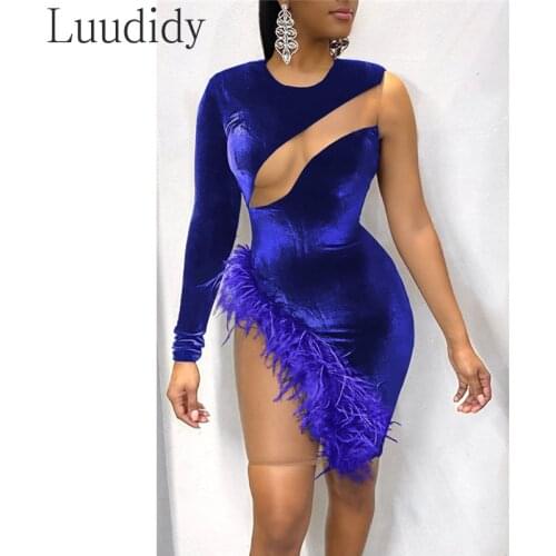 One Shoulder Mesh Patchwork Feather Hem Long Sleeve Asymmetrical Dress