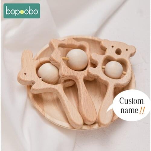 Bopoobo Baby Toys 1PC Wooden Rattle Animal Series Hand Bell Custom Logo Wooden Teether Children Recognize Animal Toys Child Gift