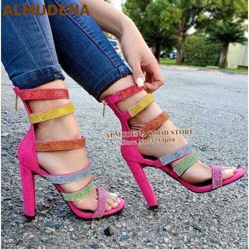 ALMUDENA Chunky Heels Bling Bling Crystal Sandals Multi-Color Rhinestone Strappy Wedding Pumps Pink Heel Suede Gladiator Shoes