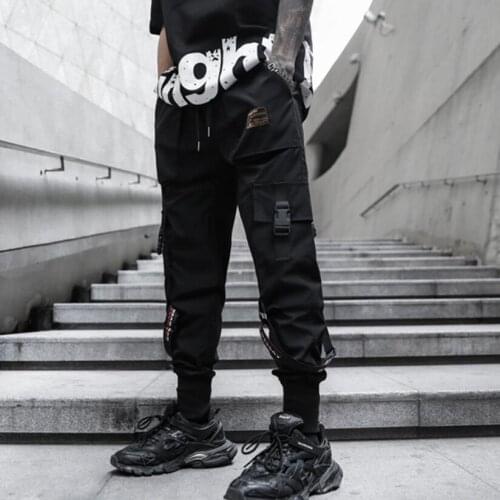 2021 spring summer Men black slim casual cargo pants streetwear joggers man ribbons hip hop pants with many pockets