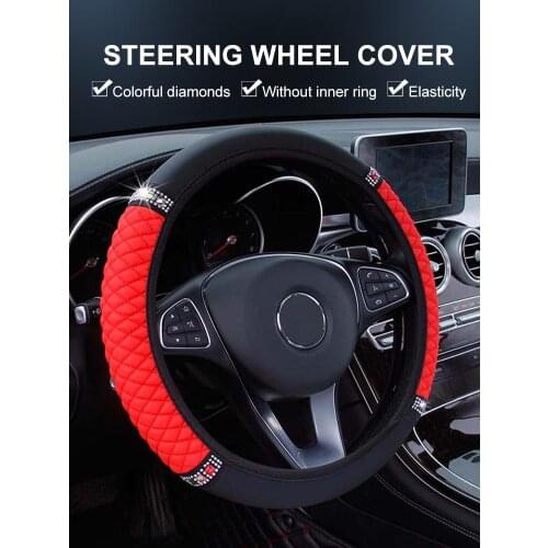 14.5" 15" Universal Steering Wheel Cover Faux Leather with Rhinestones Embroidery Color Elastic Car Styling Interior Accessories