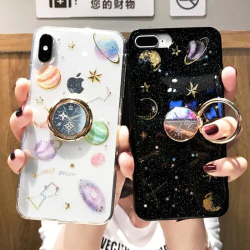 Fashion Shining Glitter Space planet phone Cases For iphone 12 11 XR XS MAX 7 8 Plus Star Soft silicon back cover Case With Ring