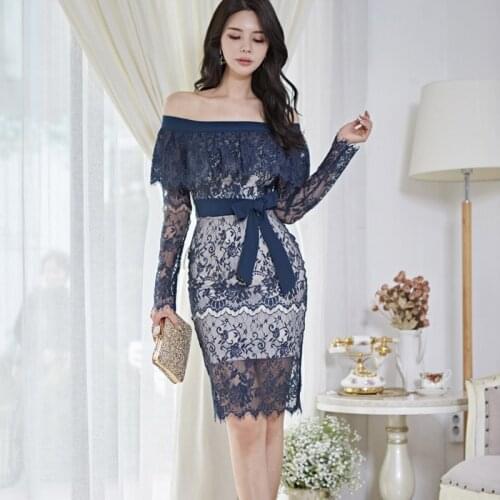 BacklakeGirls Elegant Lace Bodycon Dress Women Off The Shoulder Long Sleeve Sexy Cocktail Dress For Women Robe Cocktail Femme
