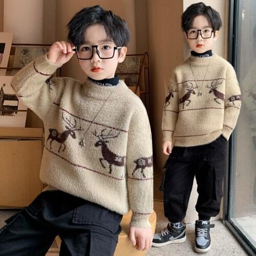 Boys Sweater Kids Outwear Tops 2021 Khaki Red Fleece Thicken Warm Winter Autumn Knitting Pullover Children Clothing