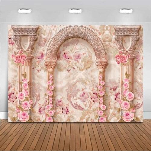 Floral Printed Wall Wedding Photography Backgrounds Arched Door Gate Women Portrait Beauty Backdrops For Photo Studio
