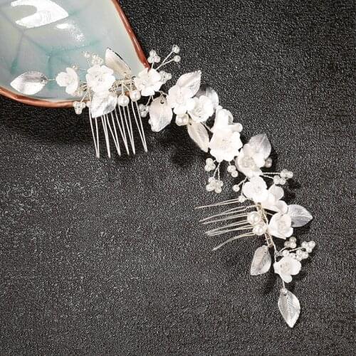 Silver Colour Handmade Pearl Rhinestone Ceramic Flower Hair Comb Wedding Women Hair Accessories Hair Accessories Jewelry