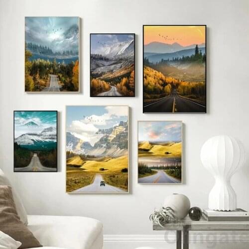 Mountain Canvas Painting Nordic Travel Landscape Road Trees Nature Autumn Winter Print Wall Art Poster Sunset Home Decoration