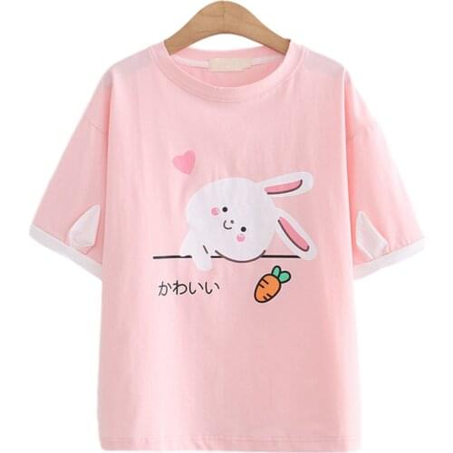 Summer Kawaii Rabbit Graphic T Shirts Women Soft Girl Clothes Summer Cute Bunny Short Sleeve Tshirt White Tee Shirt Female Tops