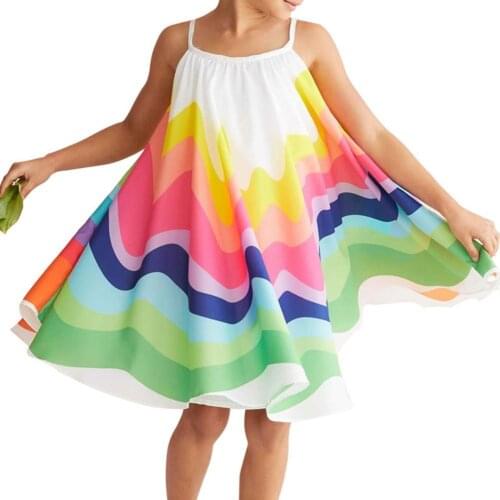 Fashion Summer Children Girl Dress Loose Sling Rainbow Striped Print Princess Spaghetti Strap Sleeveless Dress for Girls